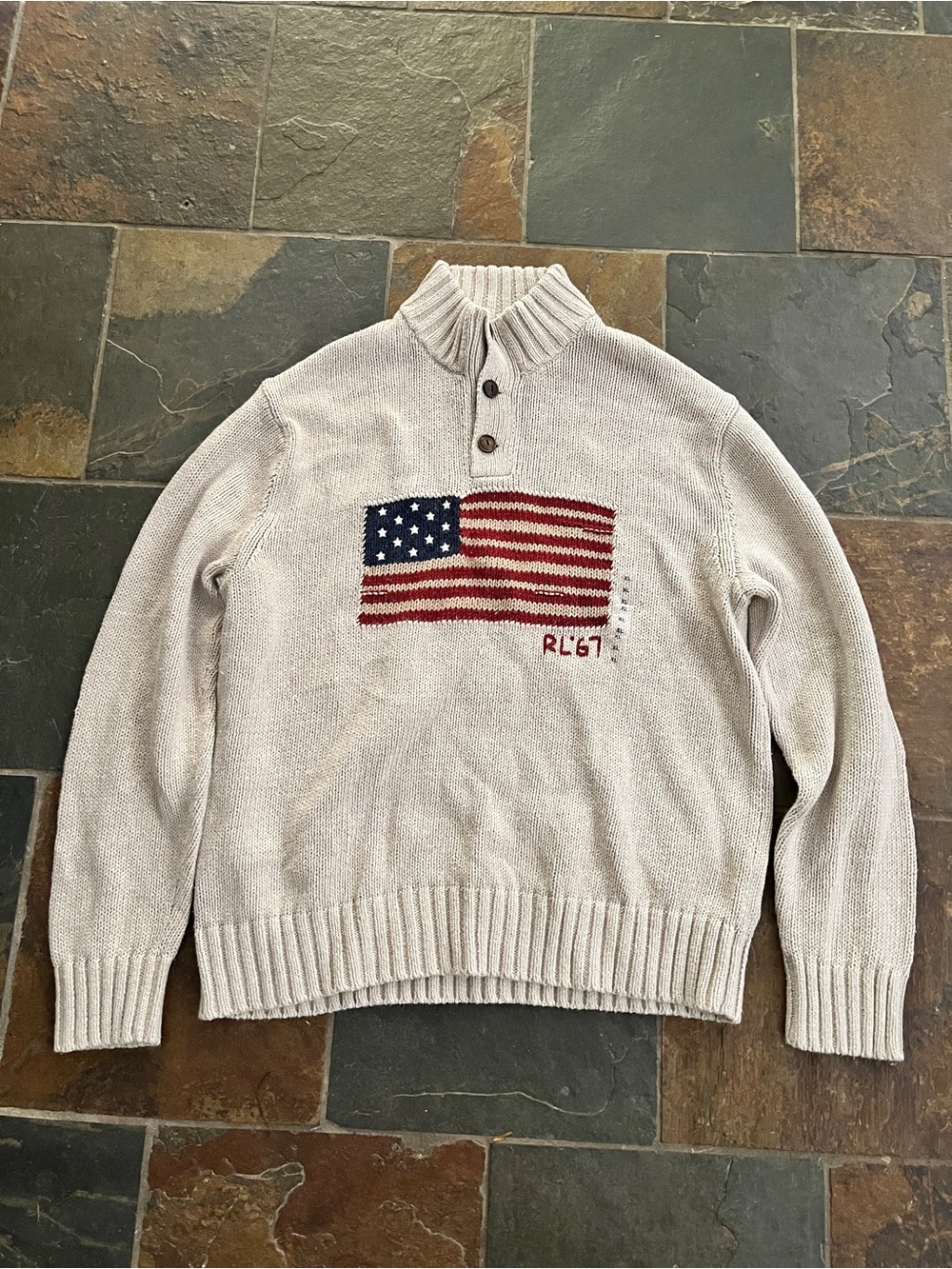 Ralph Lauren Cream Shawl-Collar Sweater with Flag Motif
